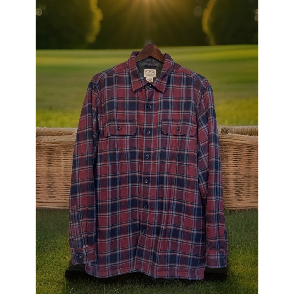 LL Bean Shacket Men L Plaid Fleece Lined Traditional Fit Cabincore Lumberjack
